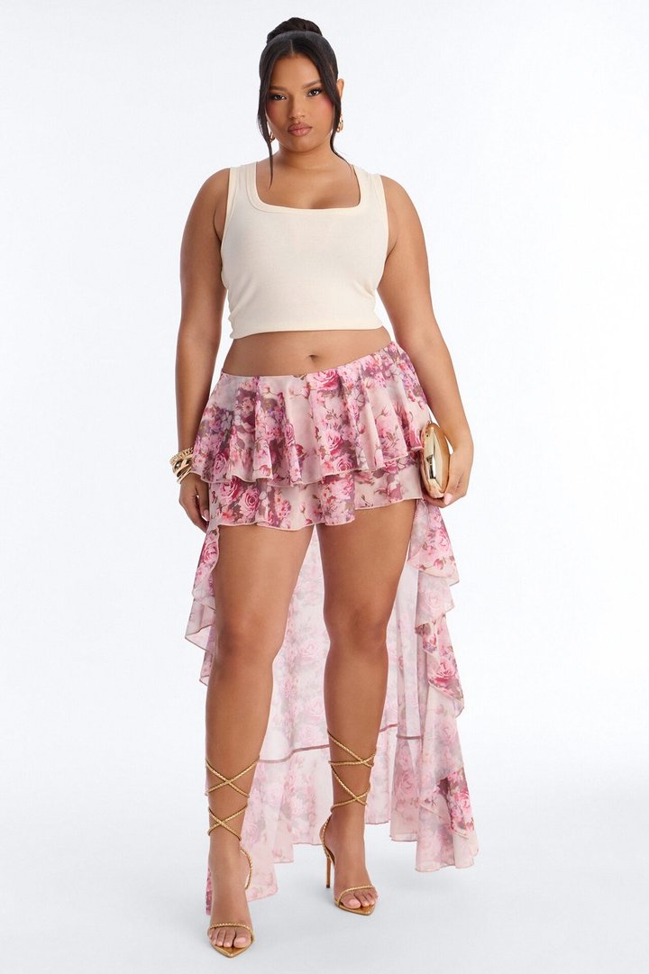 Love For You Floral Chiffon High Low Ruffle Skort - Pink/combo