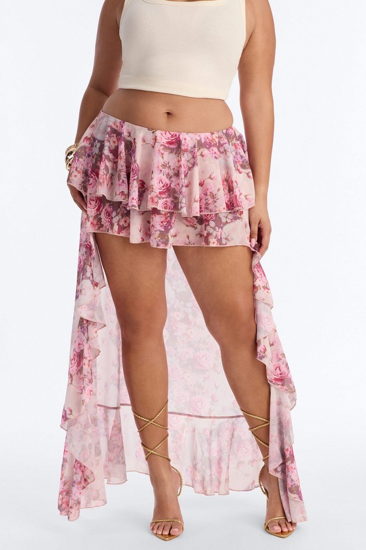 Love For You Floral Chiffon High Low Ruffle Skort - Pink/combo