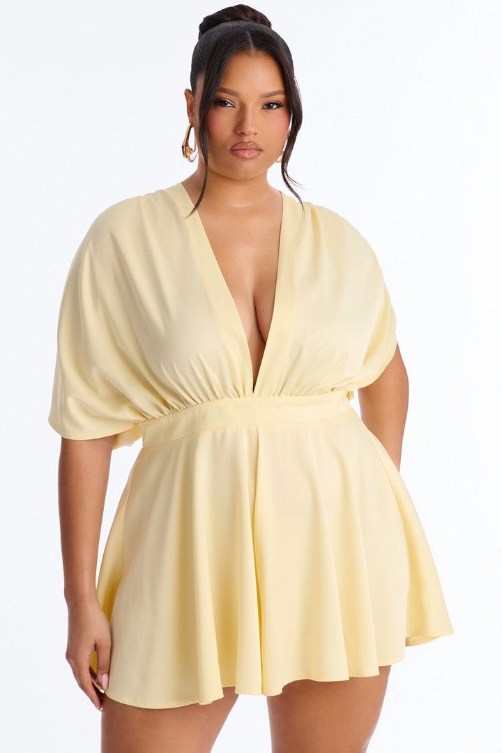 Mekenzy Satin Plunge Romper - Yellow
