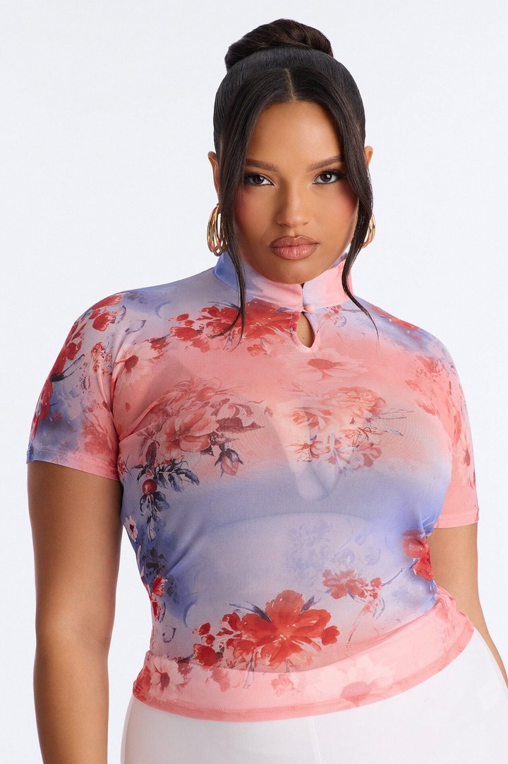 Daytime Blossom Mesh Mock Neck Short Sleeve Top - Pink/combo