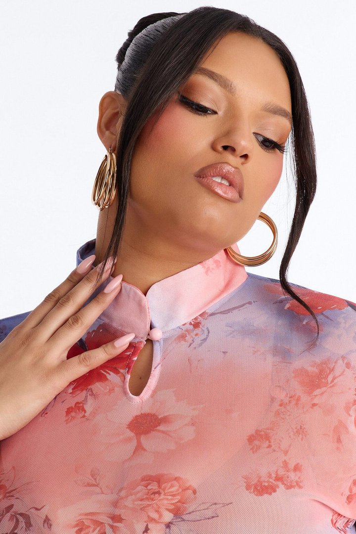 Daytime Blossom Mesh Mock Neck Short Sleeve Top - Pink/combo