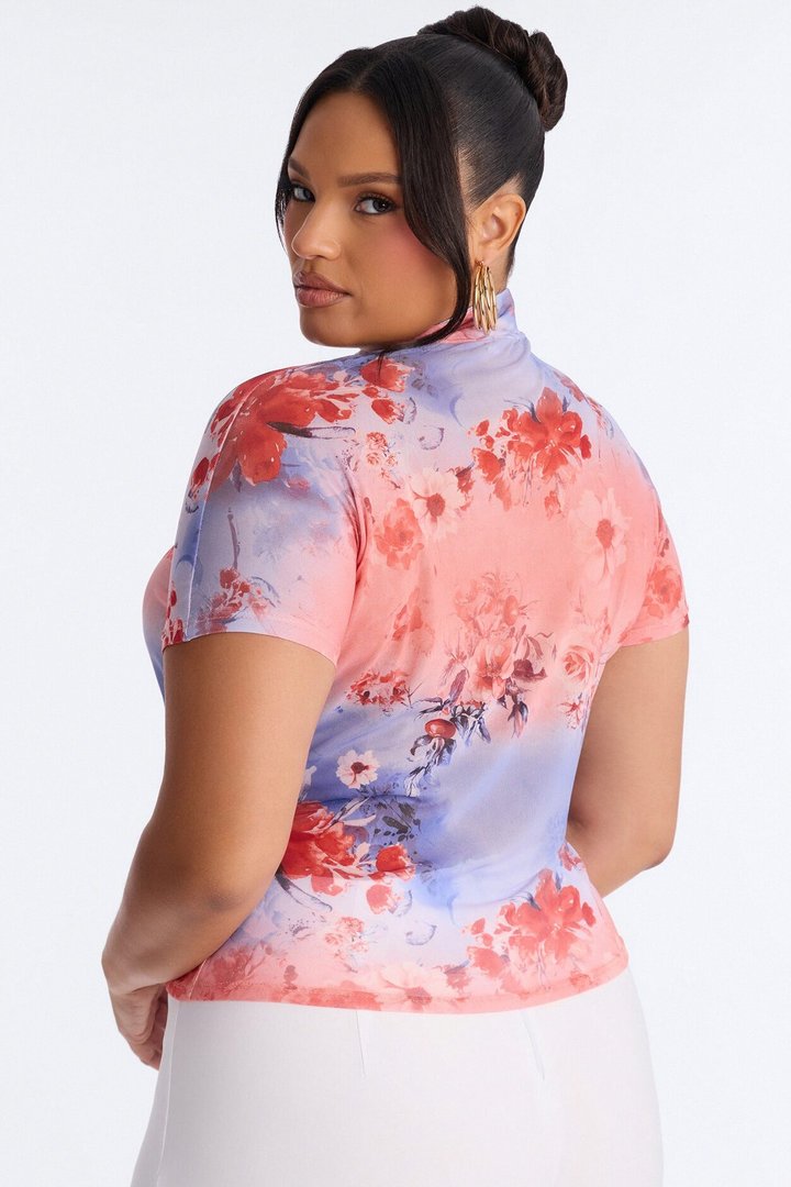 Daytime Blossom Mesh Mock Neck Short Sleeve Top - Pink/combo
