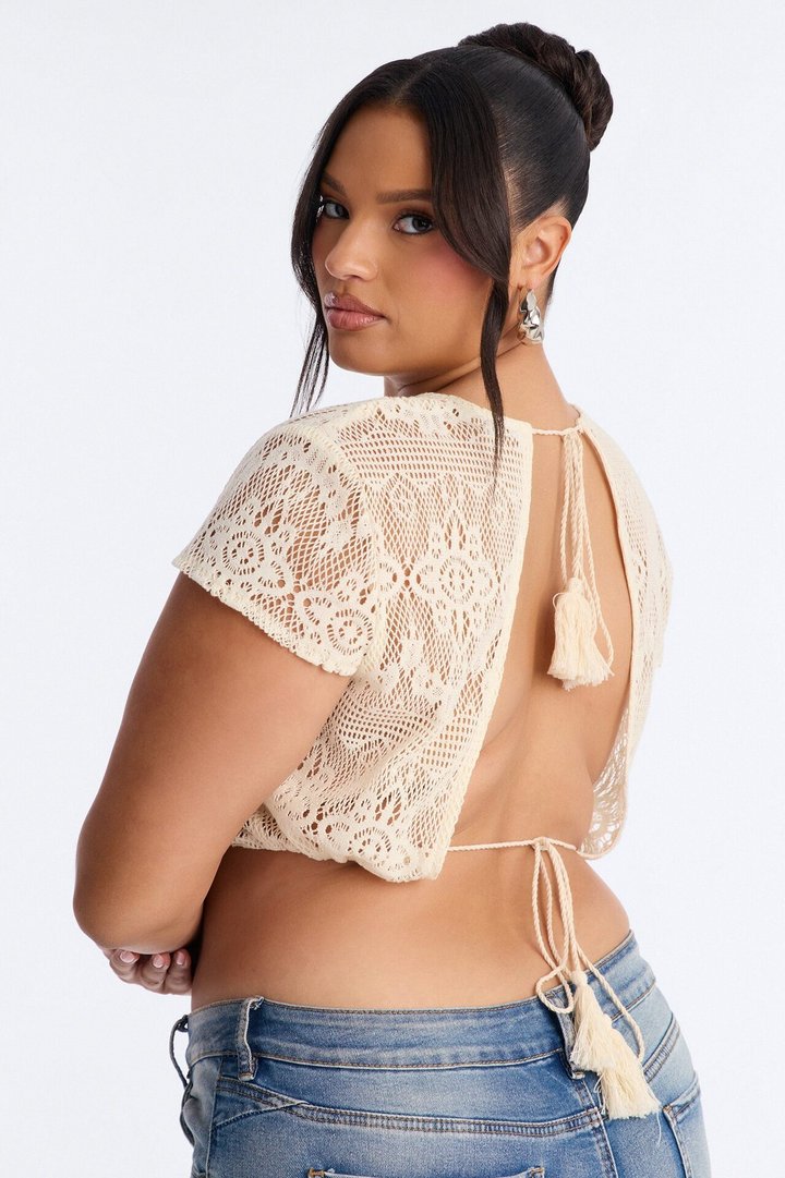 Living Between Sunsets Tie Back Crochet Top - Cream