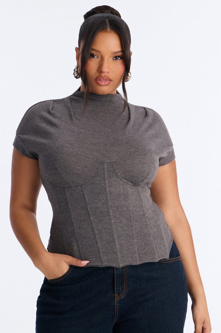 Serene Sculpt Mock Neck Short Sleeve Corset Top - Charcoal