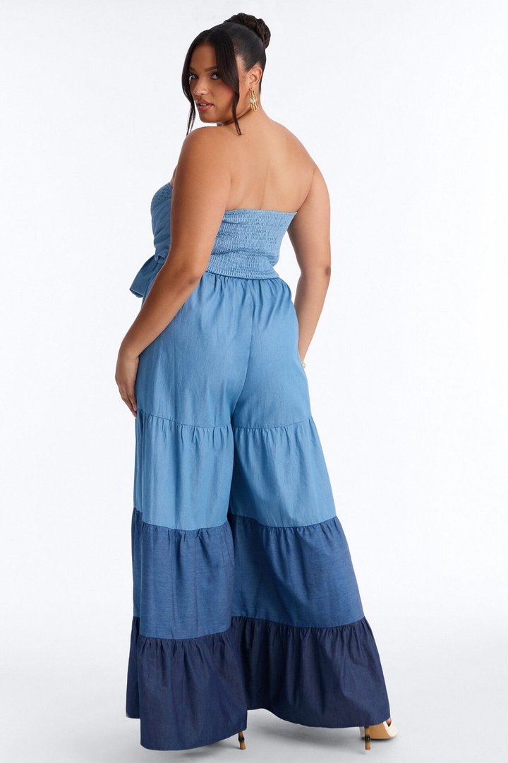 Tier Me Out Wide Leg Jumpsuit - Denim