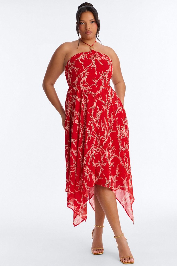 Nina Print Chiffon Midi Dress - Red/combo