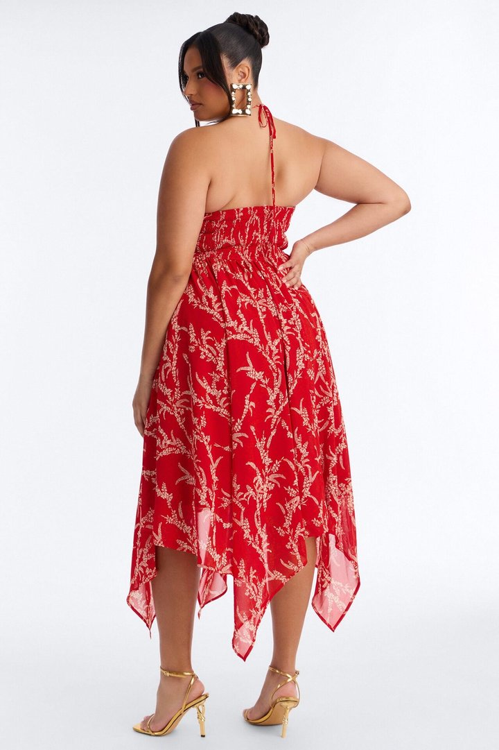 Nina Print Chiffon Midi Dress - Red/combo