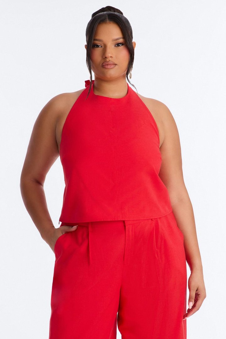 Ocean Breeze Linen Backless Halter Top - Tomato Red