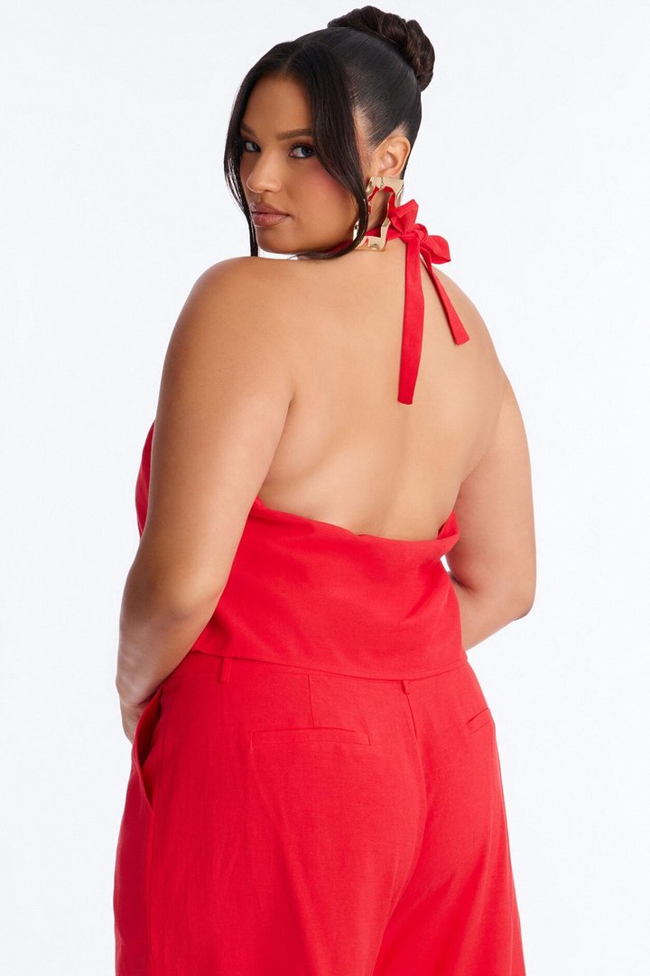 Ocean Breeze Linen Backless Halter Top - Tomato Red