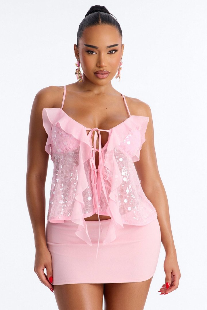 Sparkle Now Sleep Later Ruffle Sequin Flyaway Top - Pink