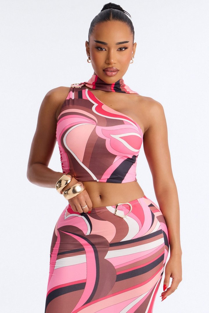 Maeve Neck Scarf Skirt Set - Pink/combo