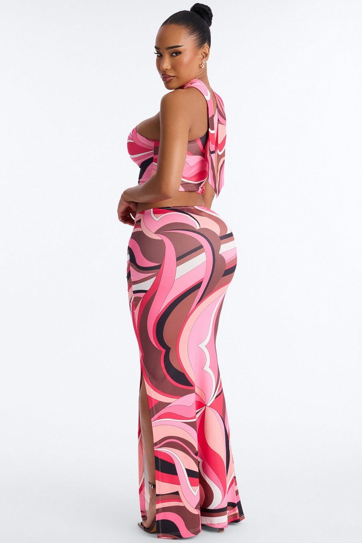 Maeve Neck Scarf Skirt Set - Pink/combo