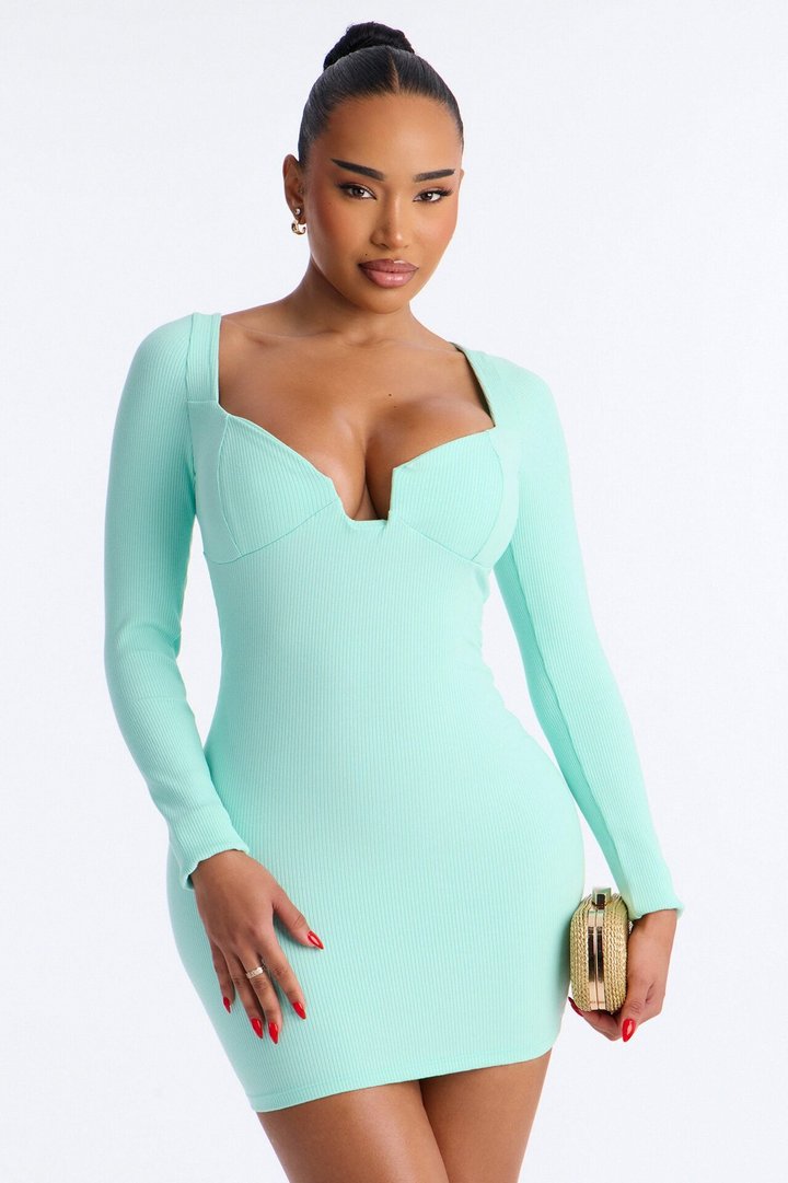 Scarlett Snatched Long Sleeve Mini Dress - Mint