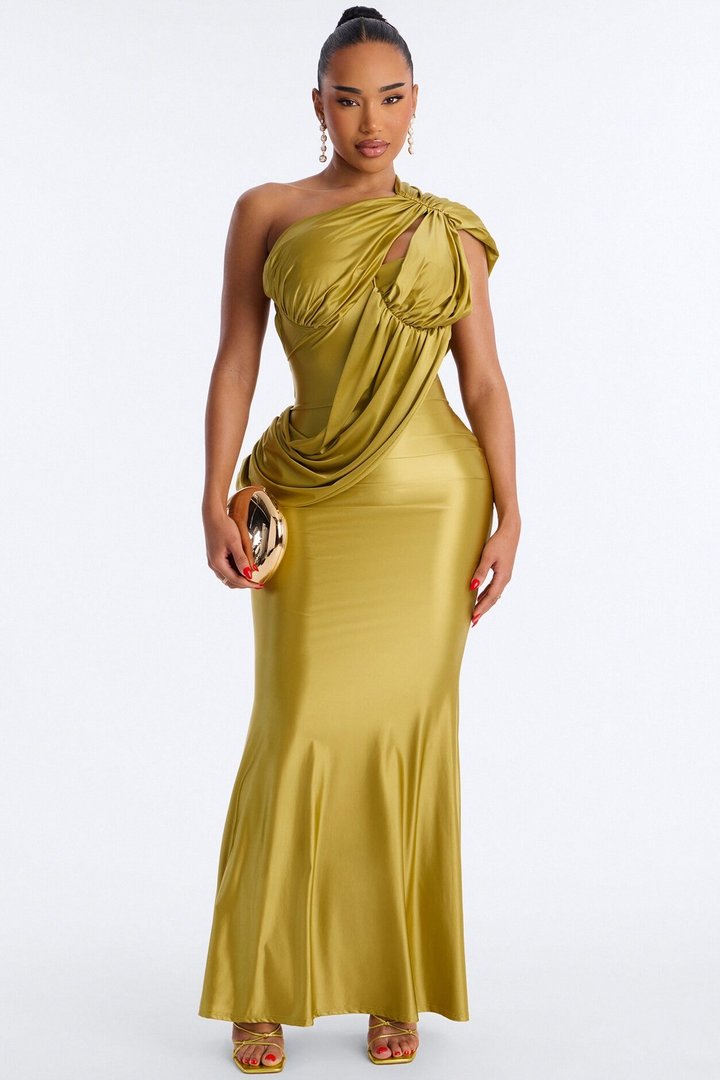 Strarstruck Draped One Shoulder Gown - Chartreuse
