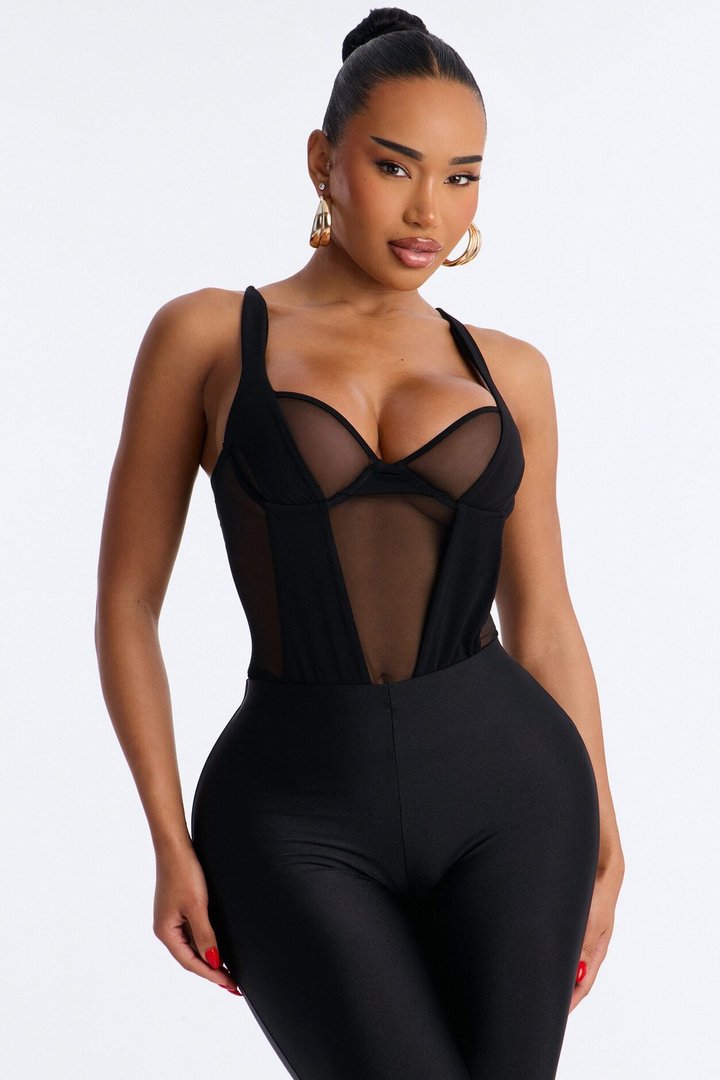 High Expectations Sheer Mesh Sleeveless Bodysuit - Black