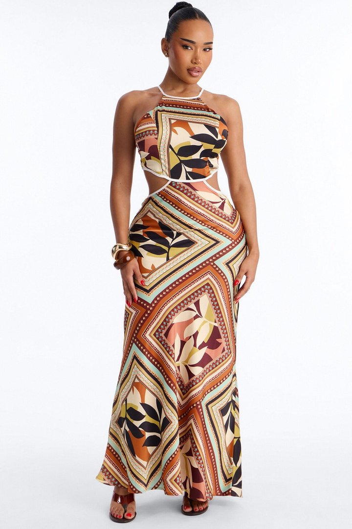 Chain Reaction Satin Maxi Dress - Brown/combo