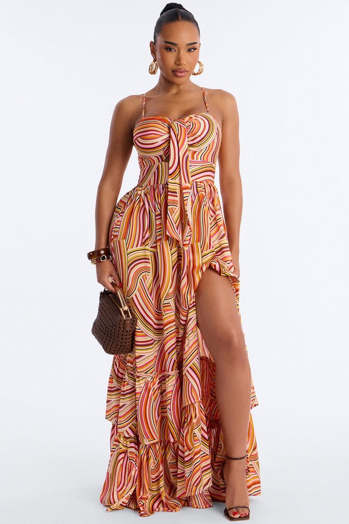 Amalfi Coast Satin Maxi Dress - Orange/combo