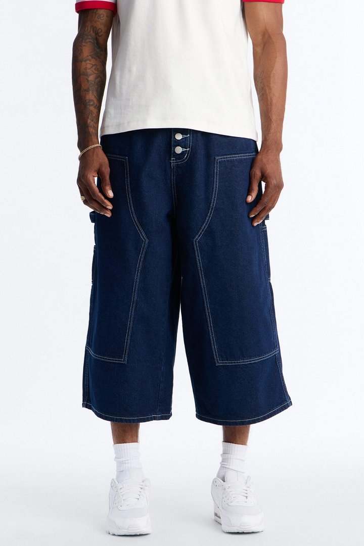 Super Baggy Button Drop Denim Shorts - Dark Wash