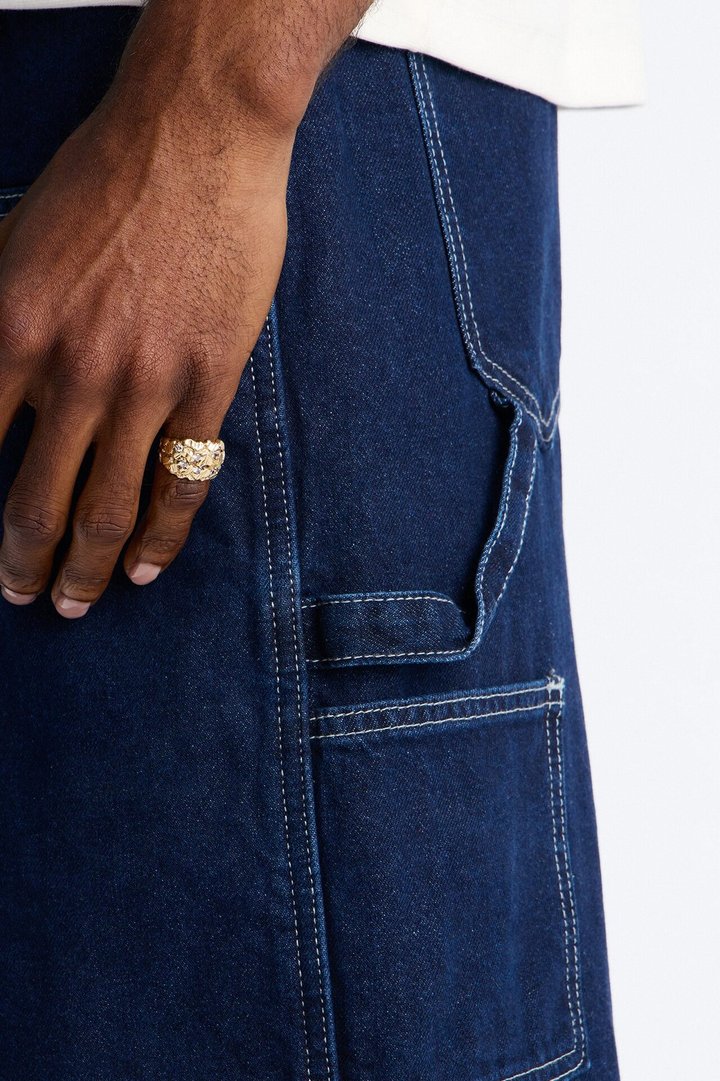 Super Baggy Button Drop Denim Shorts - Dark Wash