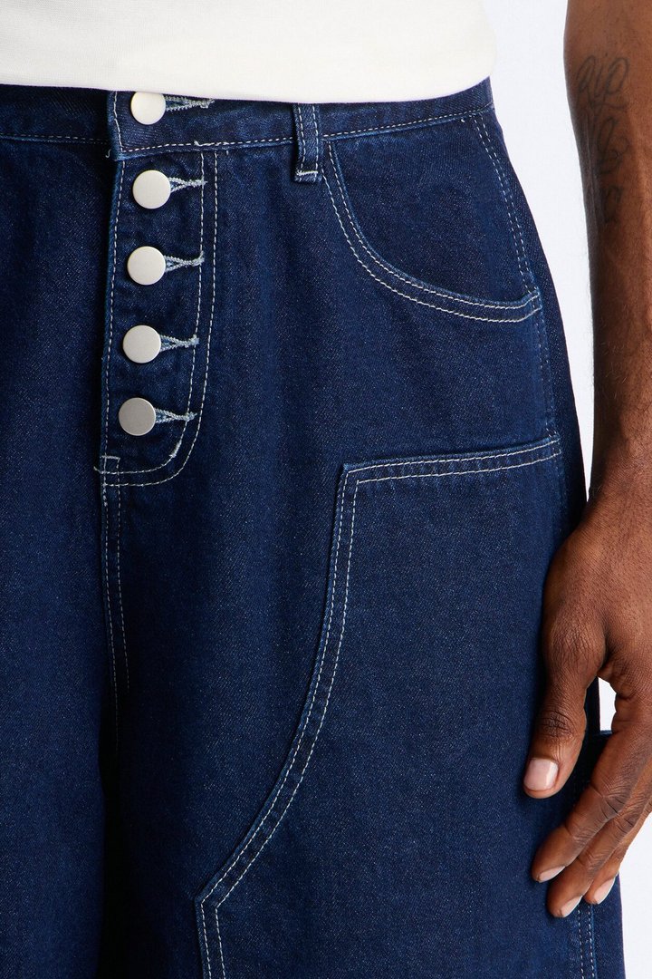Super Baggy Button Drop Denim Shorts - Dark Wash