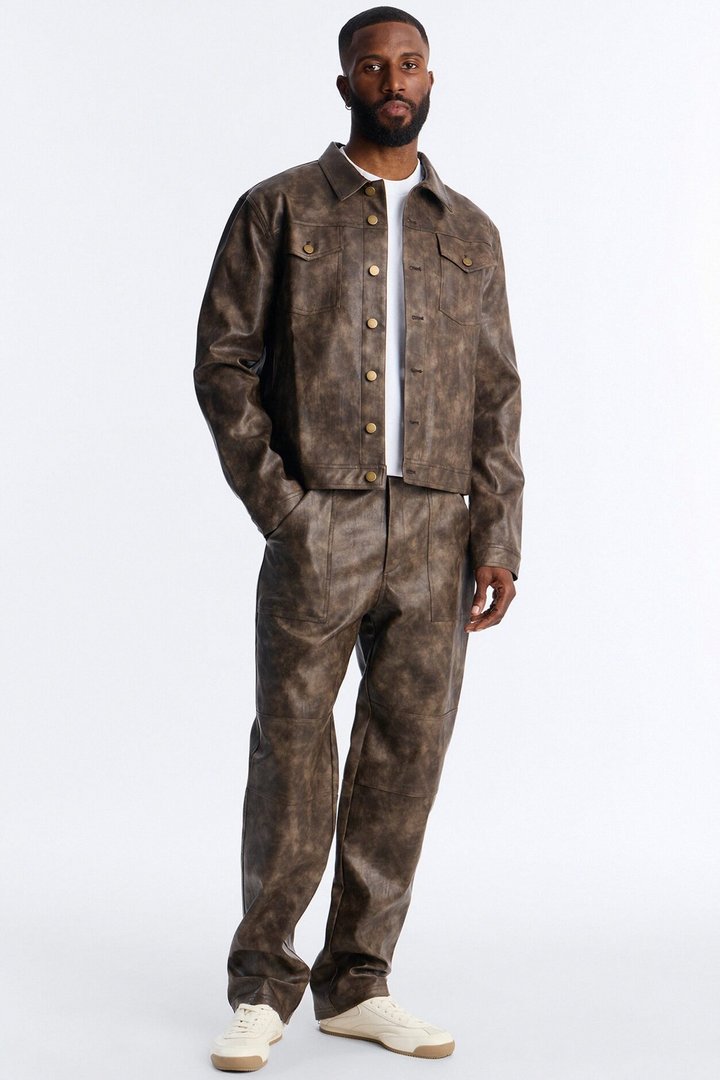 Stone Grained Faux Leather Trucker Jacket - Brown