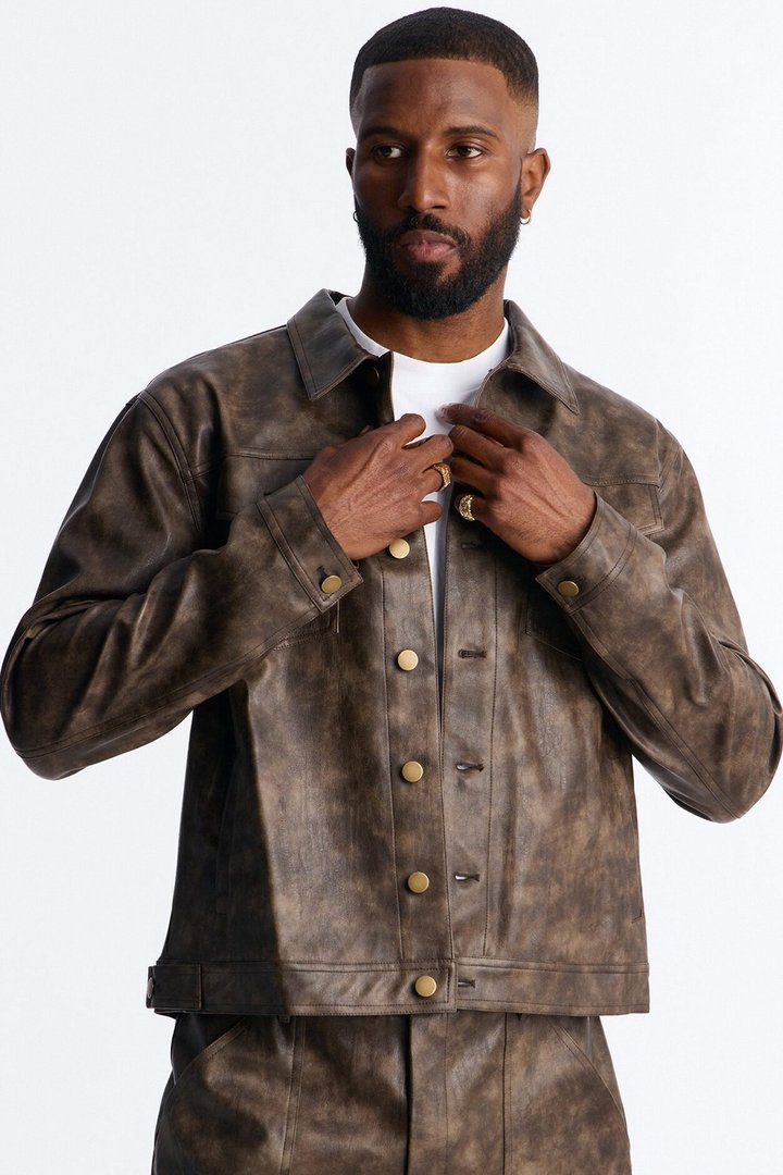 Stone Grained Faux Leather Trucker Jacket - Brown