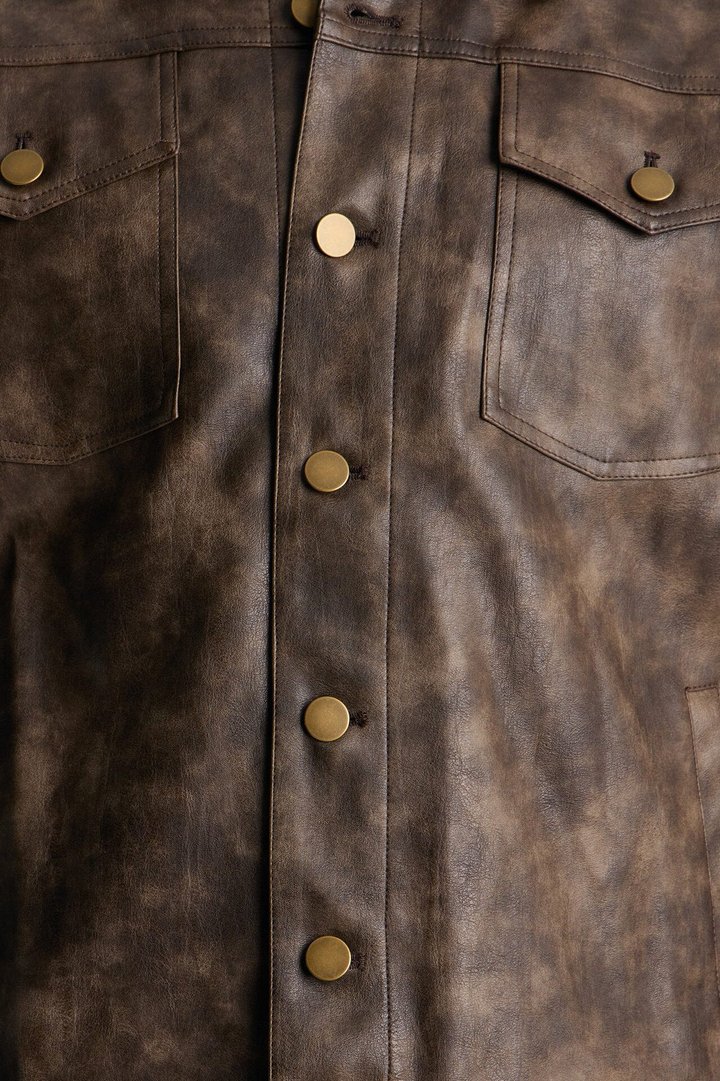 Stone Grained Faux Leather Trucker Jacket - Brown