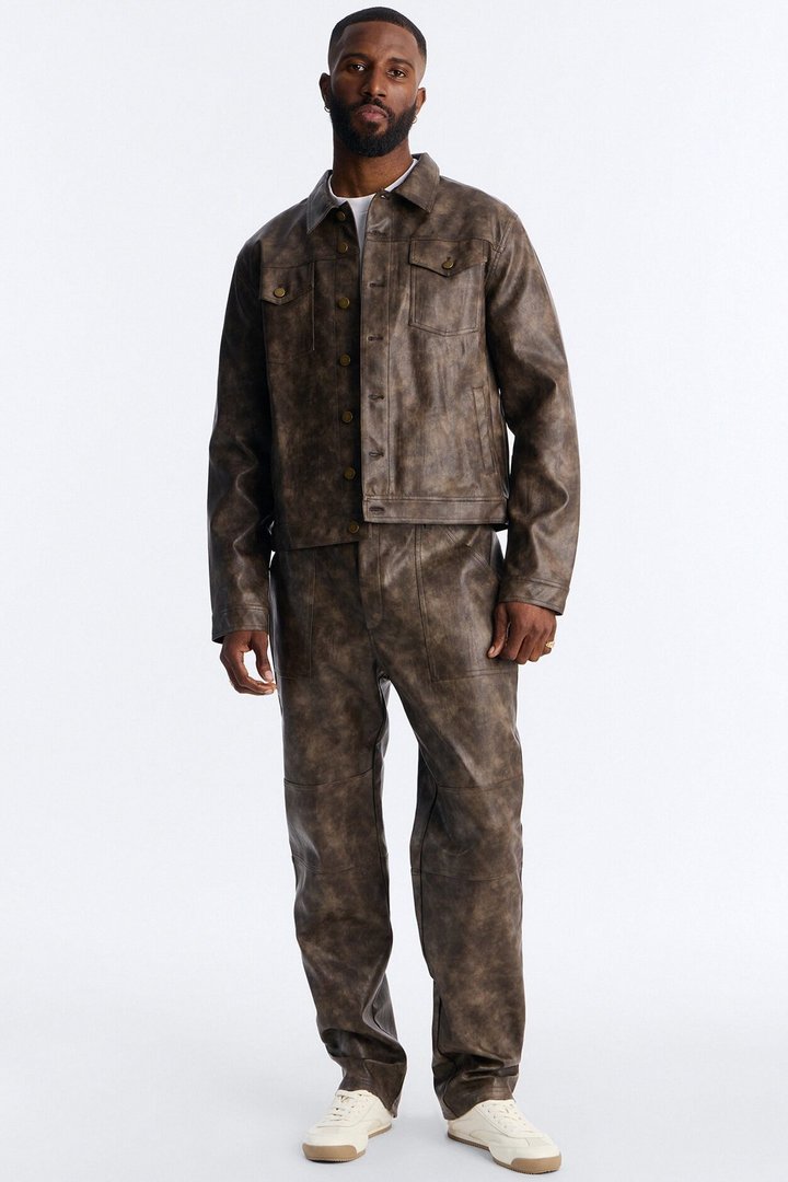 Straight Flared Stone Grained Faux Leather Zip Pant - Brown