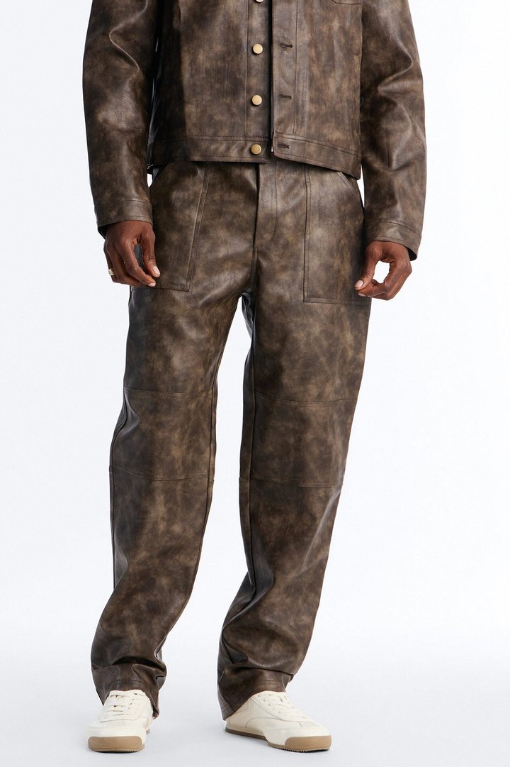 Straight Flared Stone Grained Faux Leather Zip Pant - Brown