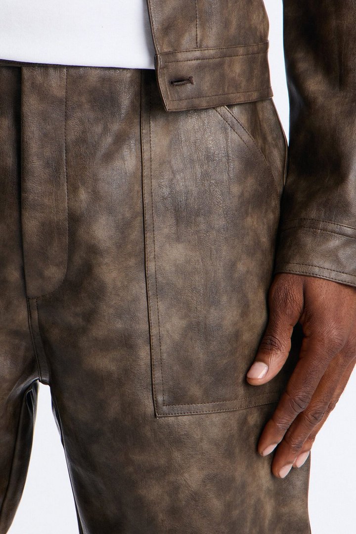 Straight Flared Stone Grained Faux Leather Zip Pant - Brown