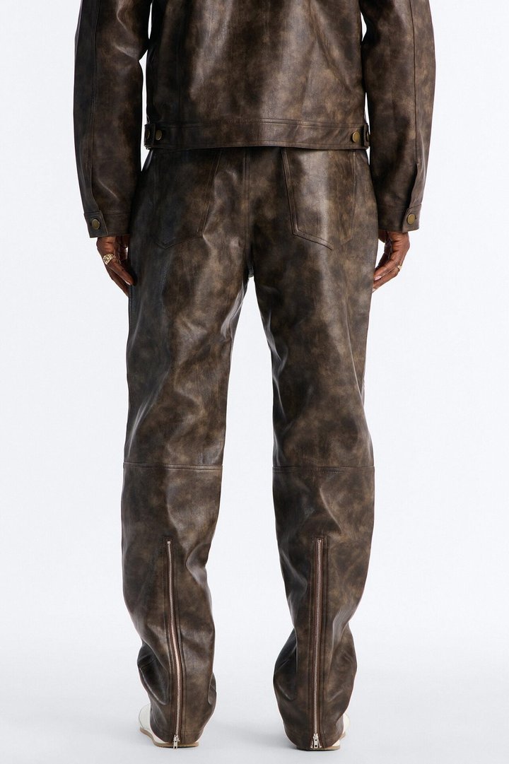 Straight Flared Stone Grained Faux Leather Zip Pant - Brown