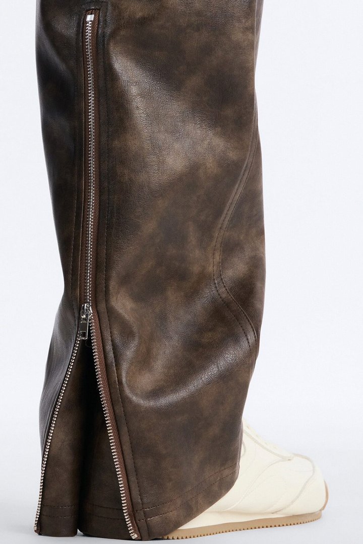 Straight Flared Stone Grained Faux Leather Zip Pant - Brown