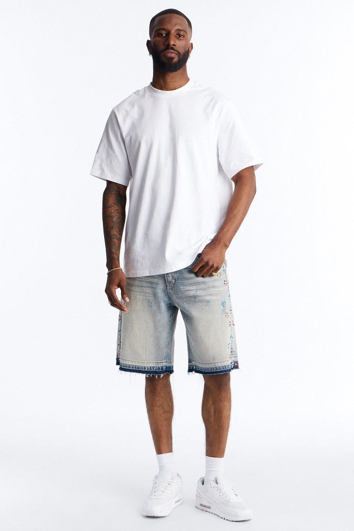 Relaxed Crystal Flicker Denim Short - Light Blue Wash