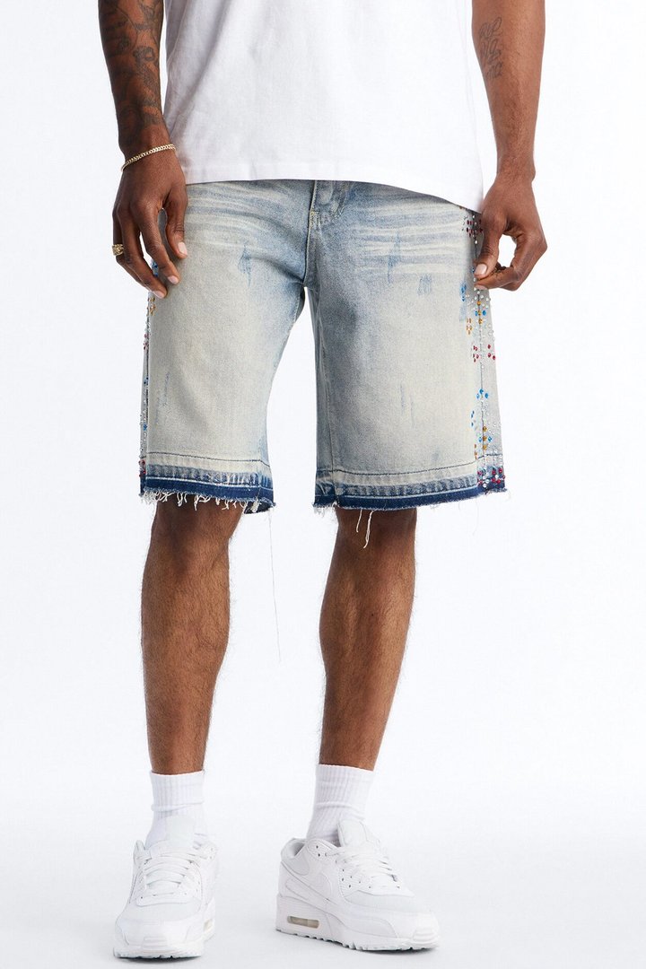 Relaxed Crystal Flicker Denim Short - Light Blue Wash