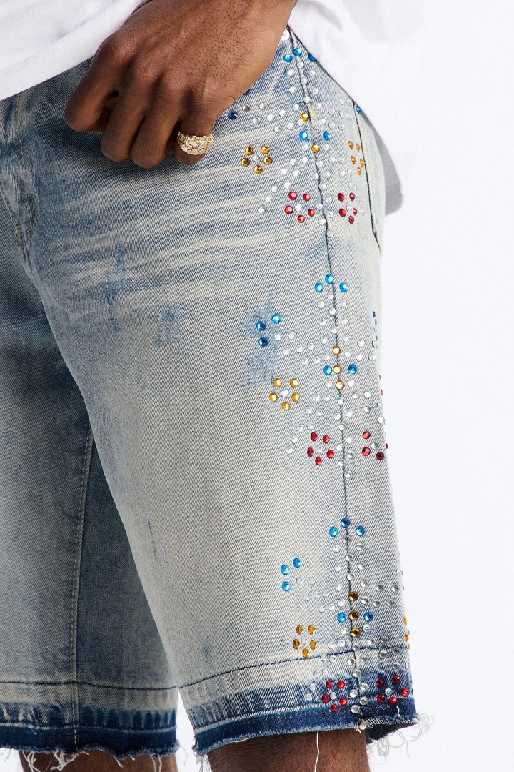 Relaxed Crystal Flicker Denim Short - Light Blue Wash