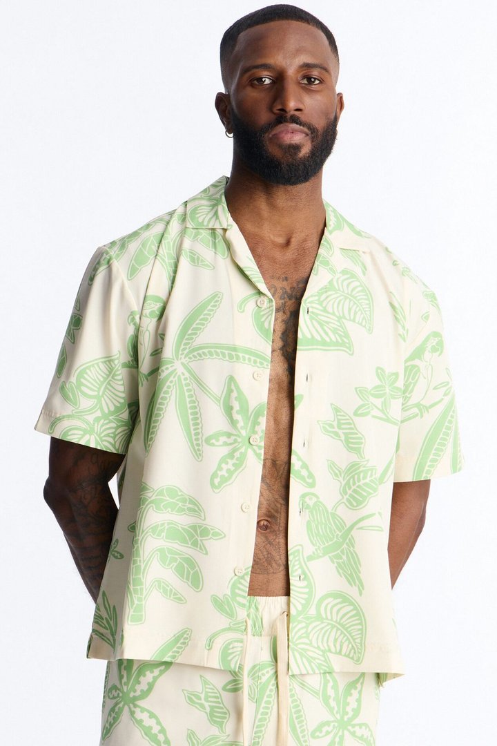 Relaxed Azure Paradise Heat Cuban Collar Button Up Shirt - Olive