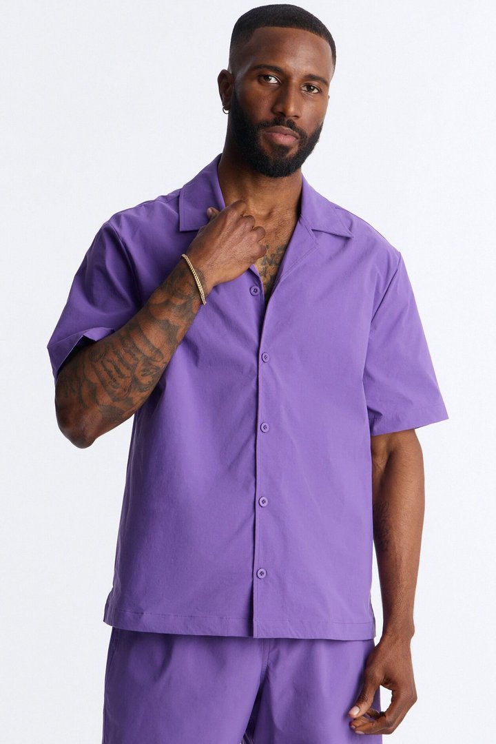 Montez Cuban Collar Button Up Shirt - Purple