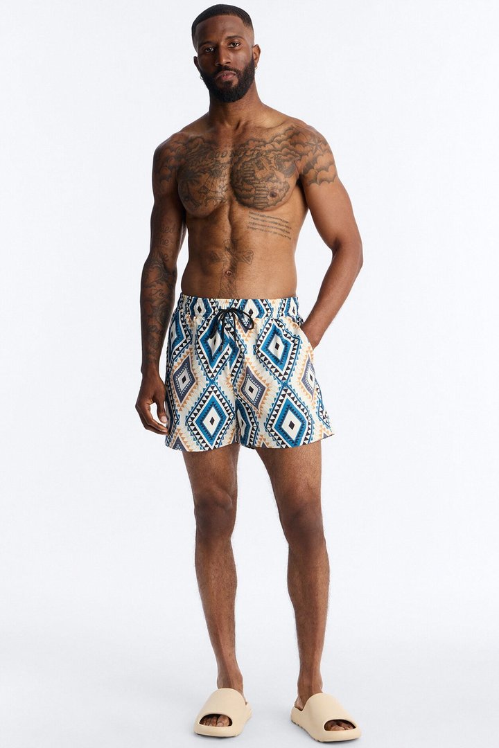Diamond Tapestry Printed Swim Trunk 4″ - Blue