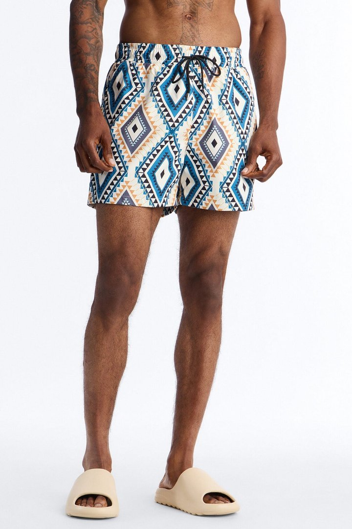 Diamond Tapestry Printed Swim Trunk 4″ - Blue