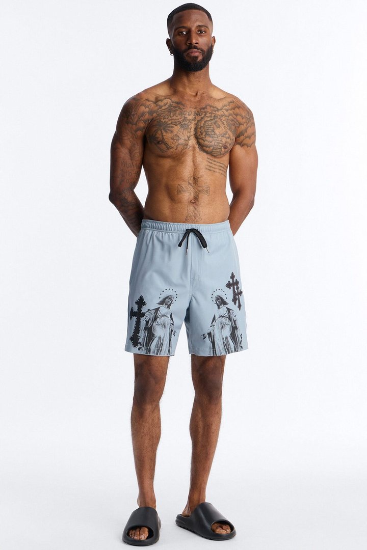 Mirrored Faith Applique Swim Trunk 7″ - Grey