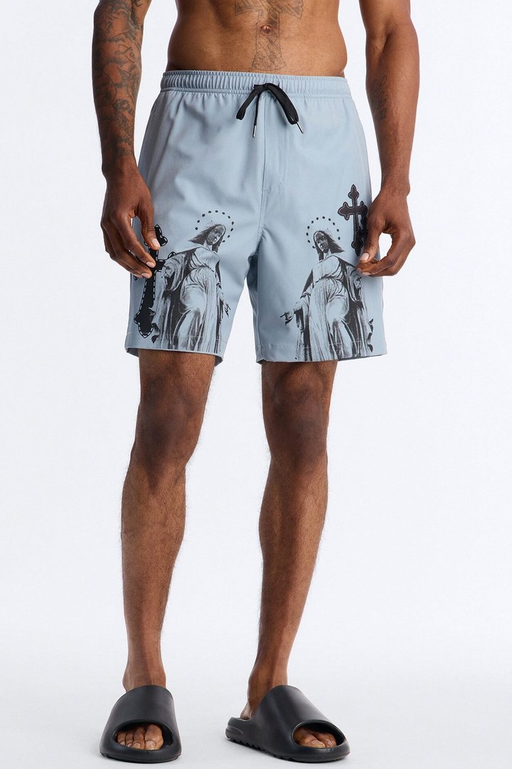 Mirrored Faith Applique Swim Trunk 7″ - Grey