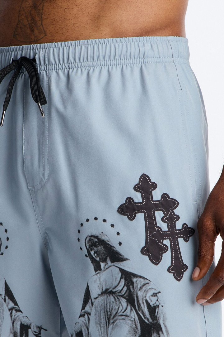 Mirrored Faith Applique Swim Trunk 7″ - Grey