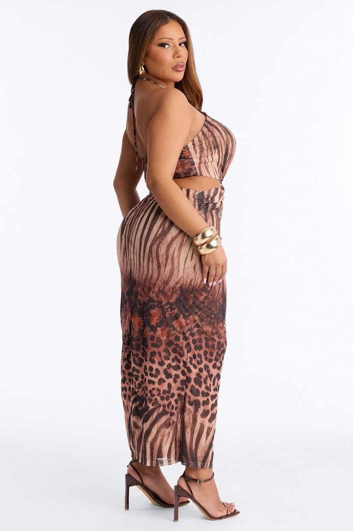 On The Prowl Mesh Maxi Dress - Brown/combo