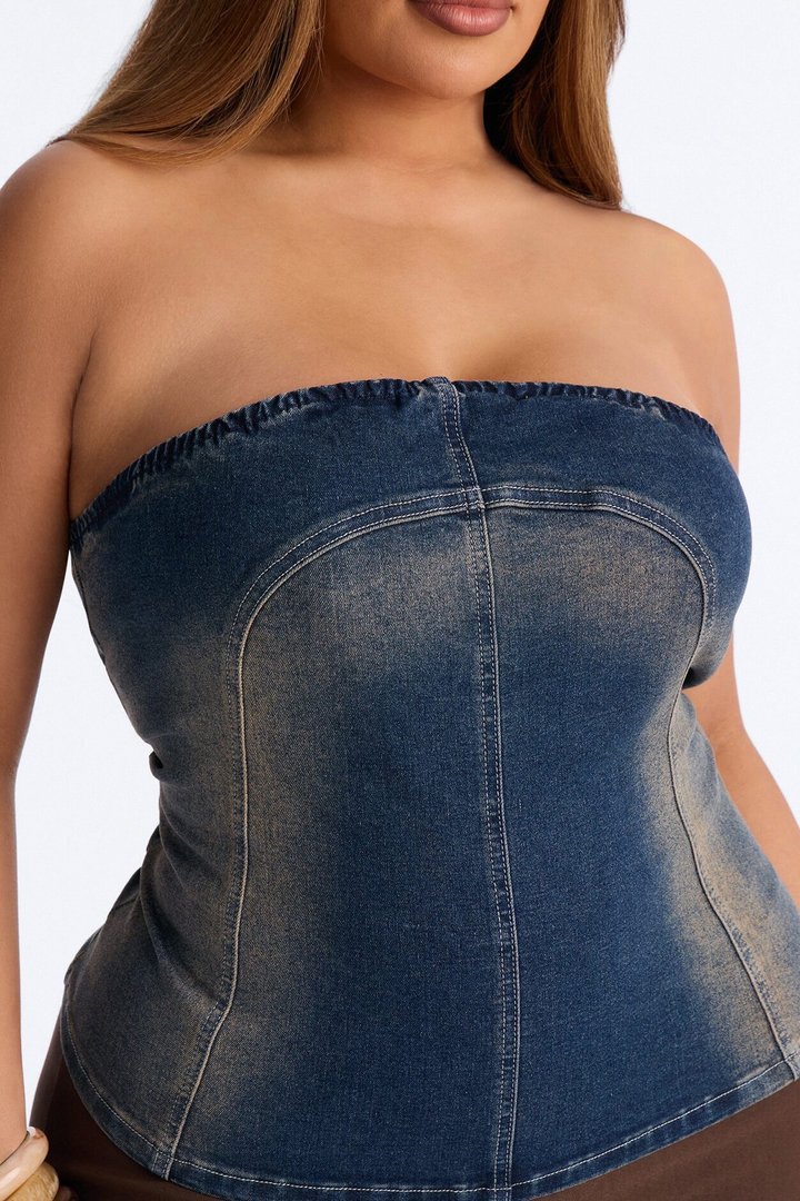 Breaking Rules Back Zip Denim Tube Top - Dark Wash