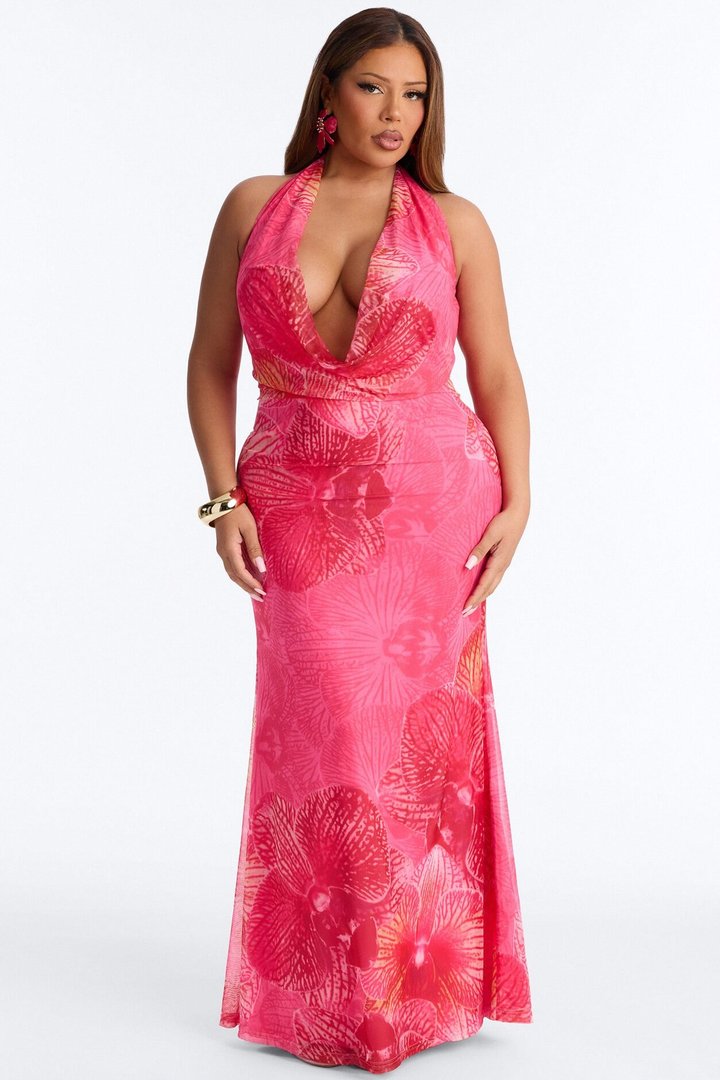 Tropic Muse Halter Mesh Maxi Dress - Pink/combo