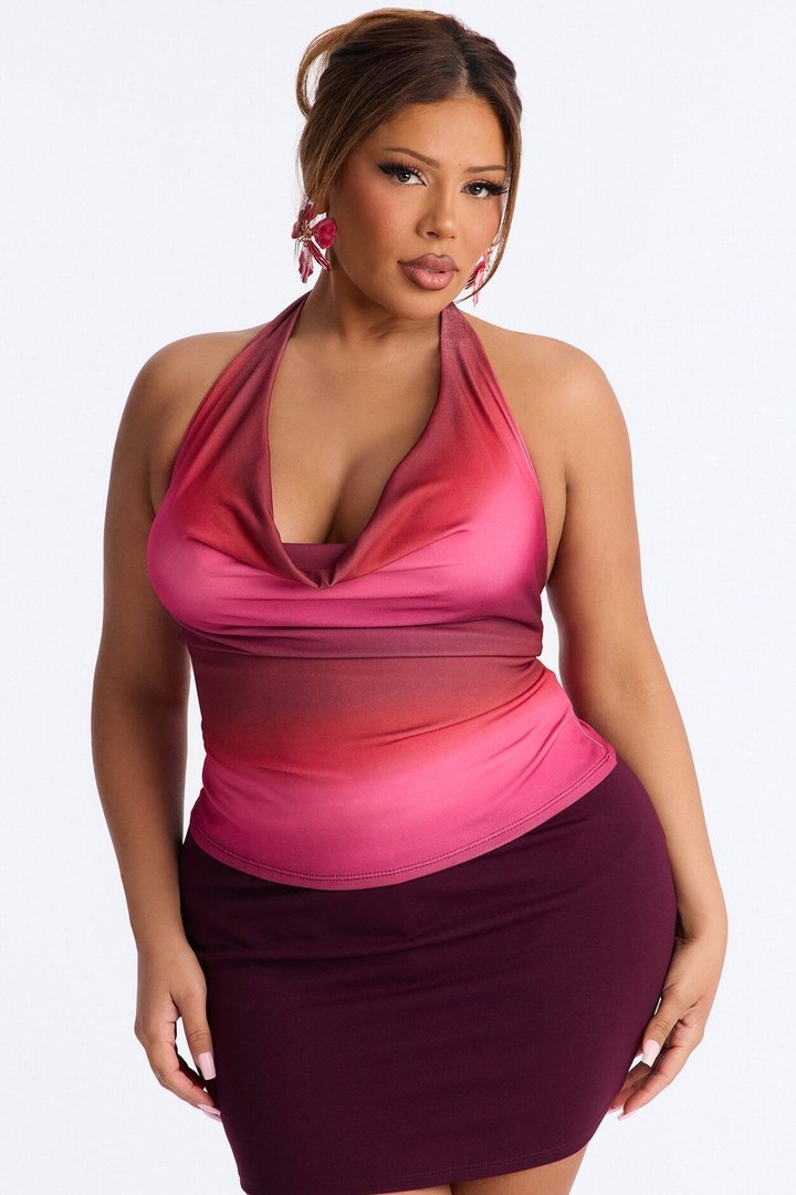 Sunset Vibes Ombre Cowl Neck Halter Top - Burgundy/combo