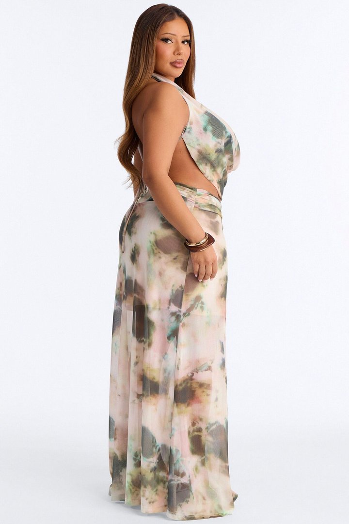 Davina Mesh Halter Maxi Skirt Set - Pink/combo
