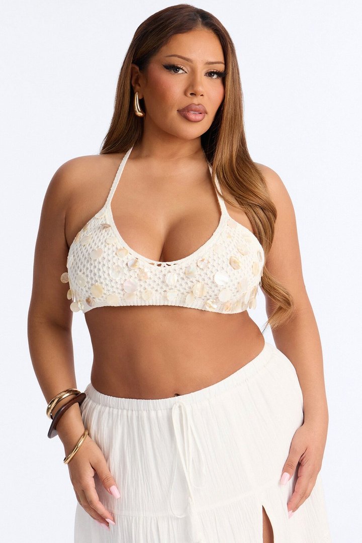 Shell Babe Sequin Crochet Bralette Top - White