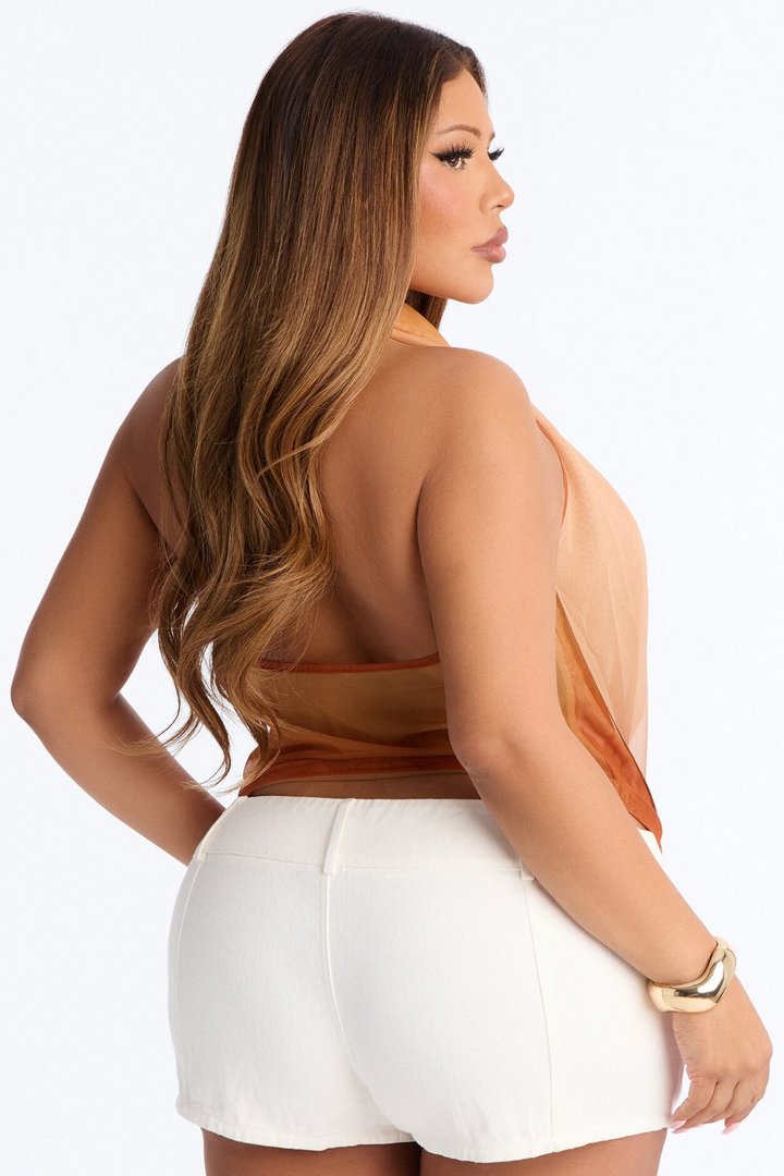 Desert Baddie Mesh Cowl Neck Halter Top - Orange/combo