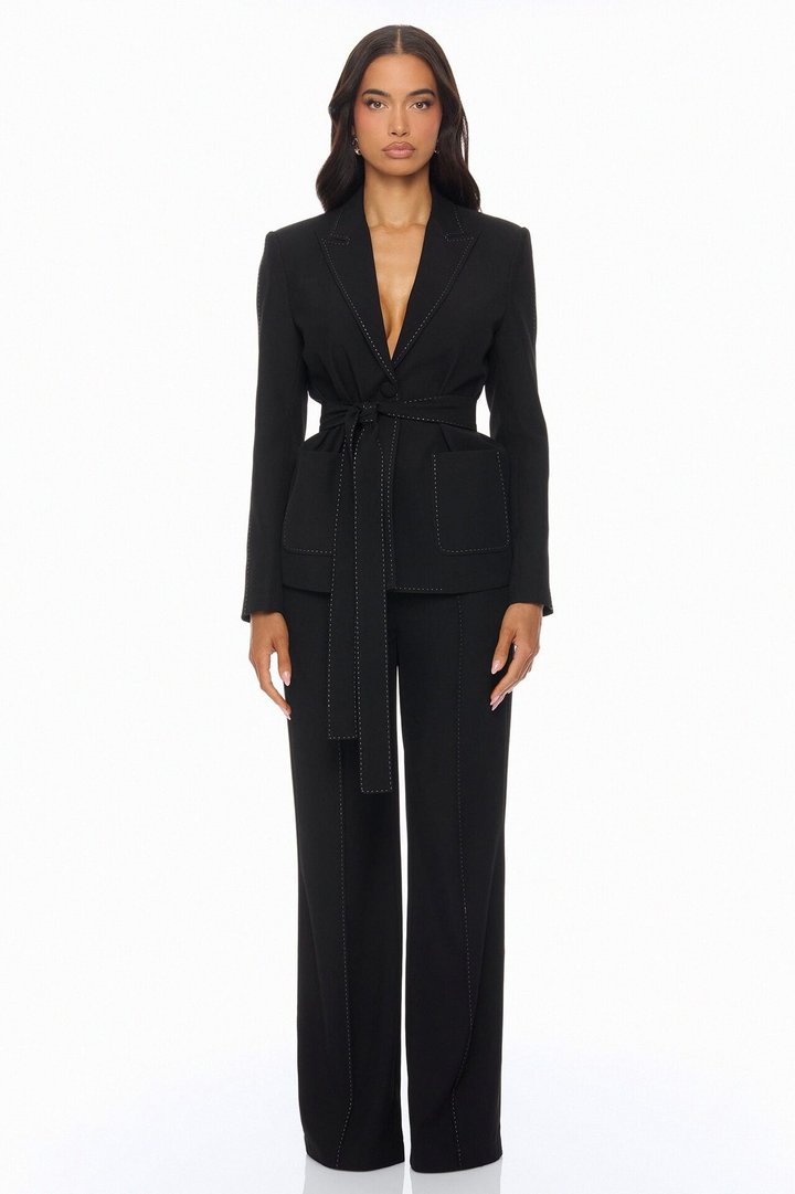 Lilian Contrast Stitch Pant Set - Black